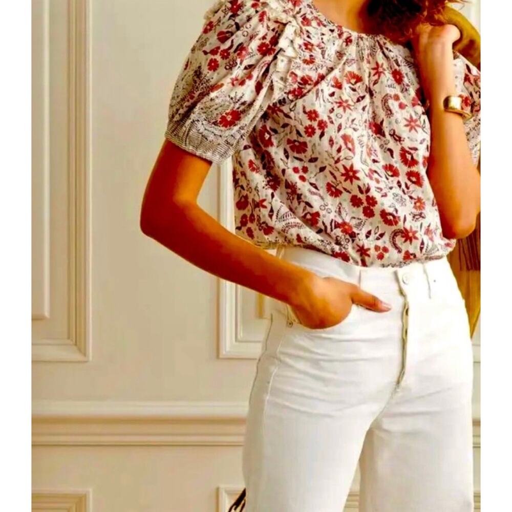 Ulla Johnson Arbor Top Floral Puff Sleeve Blouse in Cream and Burnt Orange Sz 0